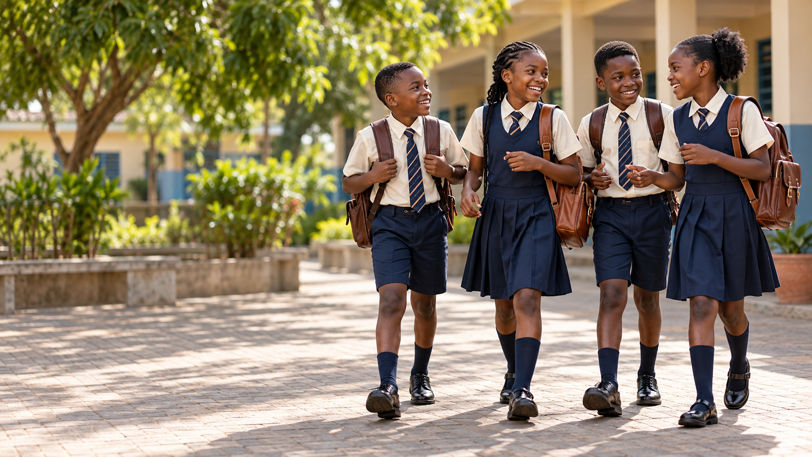 AI-generated scene of laughing schoolchildren wearing black leather school shoes and carrying brown leather bags.